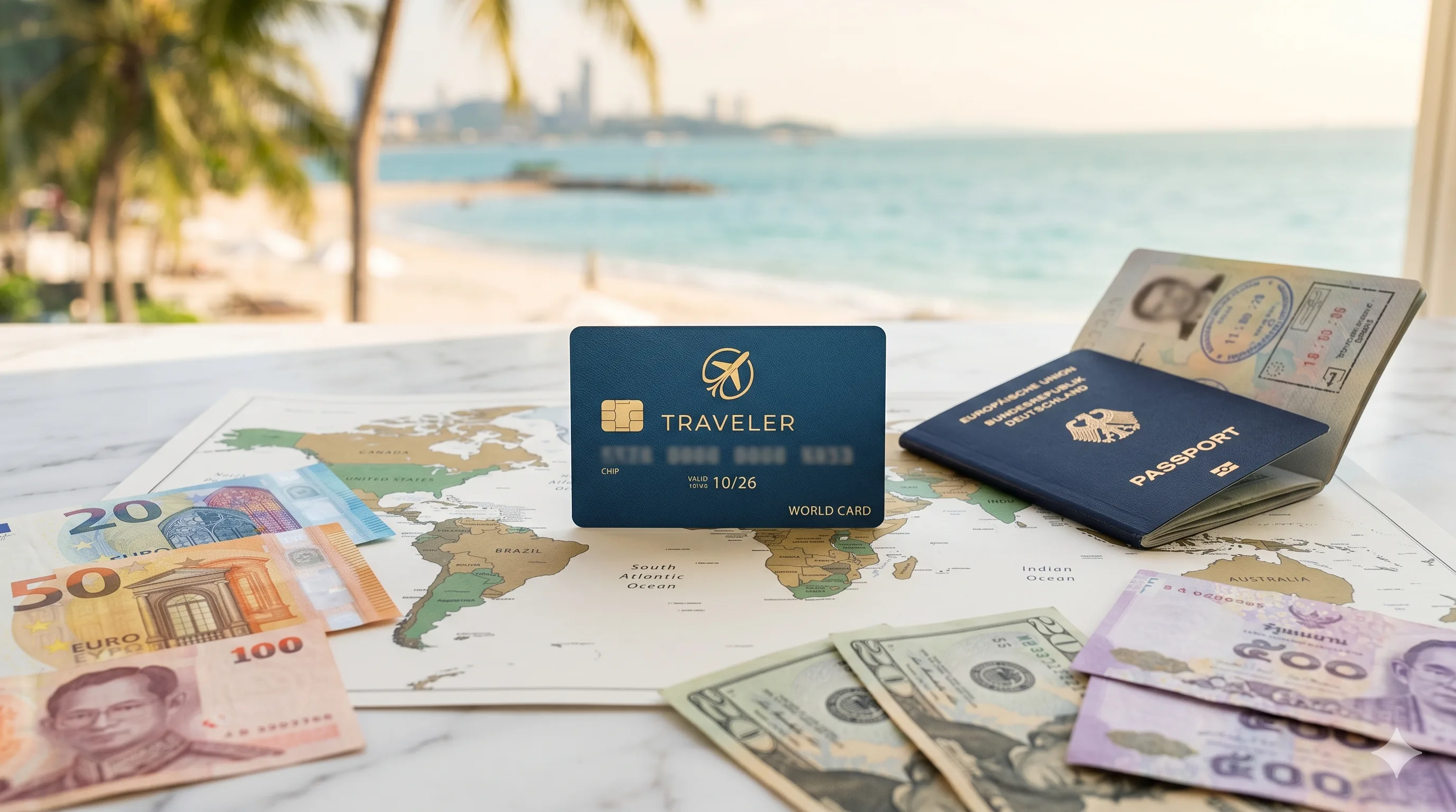 Travel credit card on world map with euro, dollar and baht banknotes and passport at a beach