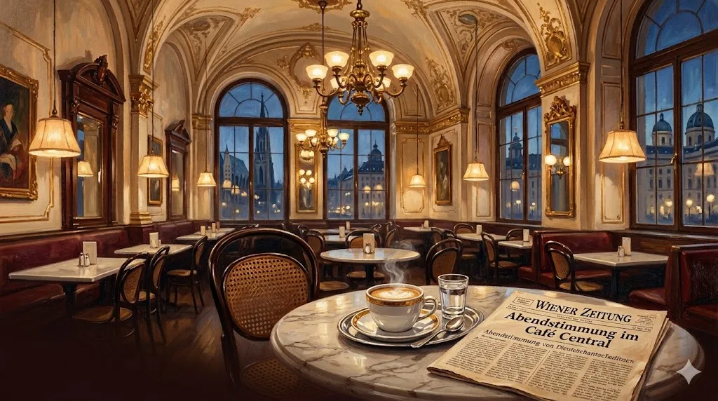 Elegant Viennese coffeehouse with ornate stucco ceiling, crystal chandelier, Thonet chairs and Wiener Zeitung newspaper on marble table