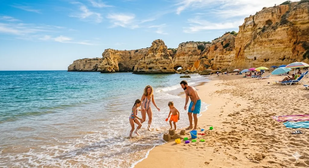 Familie mit Kindern beim Spielen im Wasser an einem Algarve-Sandstrand mit goldenen Sandsteinklippen im Hintergrund