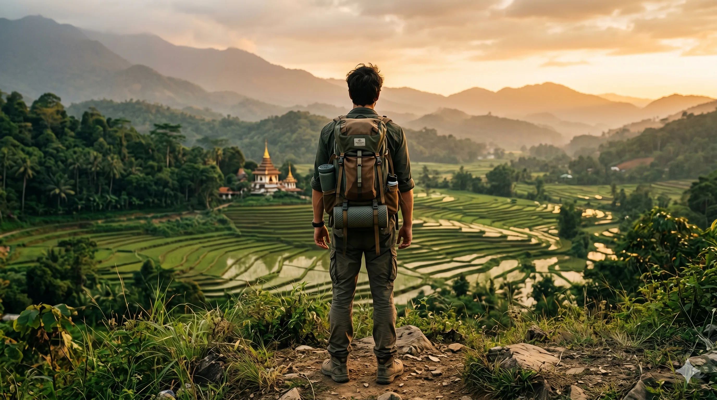 Backpacker with large pack overlooking rice terraces and a temple in Southeast Asia at sunset