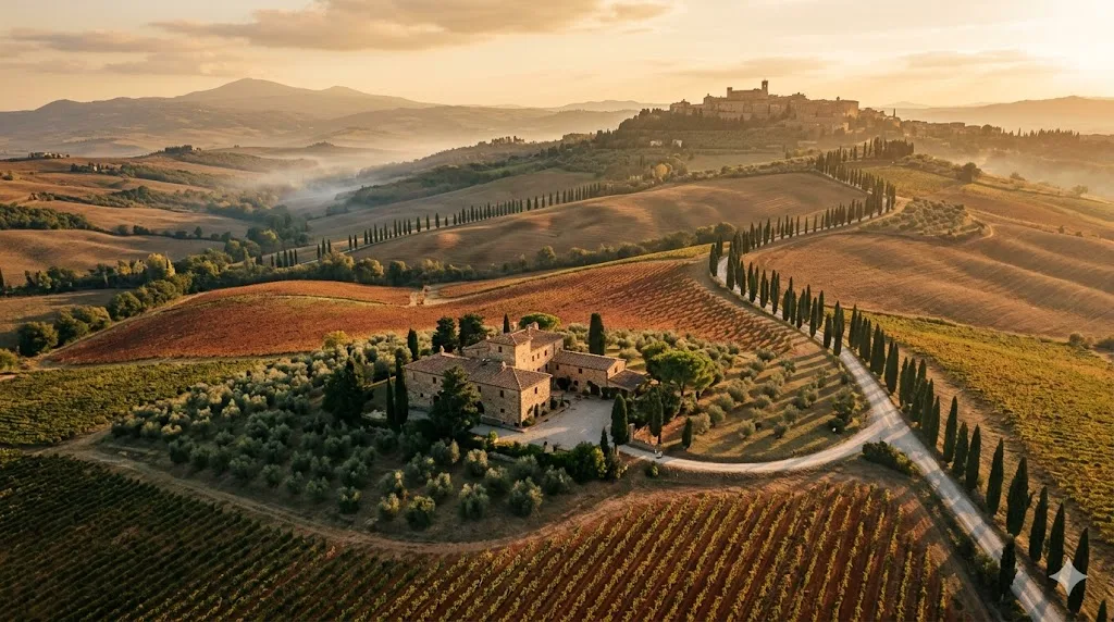 Wide panorama of the Tuscan hill landscape with vineyards, cypresses, and an estate in the golden morning light