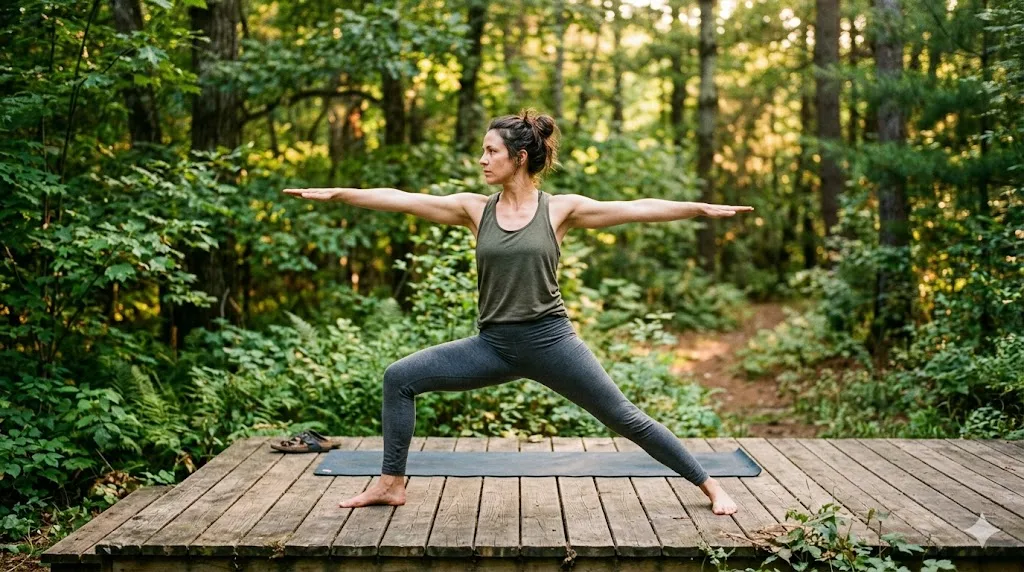 Frau in Krieger-II-Yoga-Pose auf einem Holzdeck inmitten eines sommerlichen Waldes