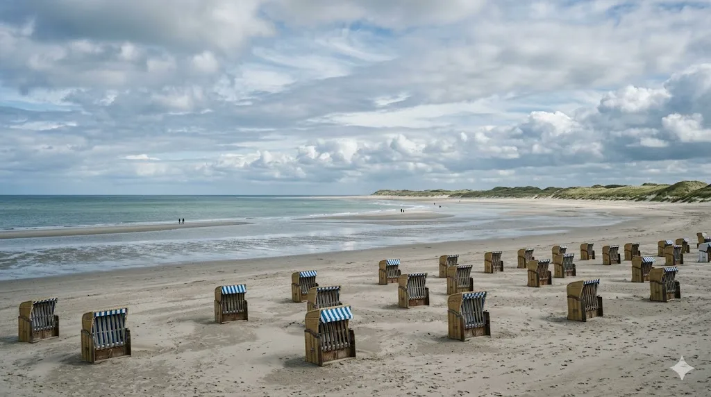 Weitläufiger Sandstrand an der Nordsee mit vereinzelten Strandkörben, türkisblaues Wasser und bewölkter Himmel, typische Nordfriesland-Küstenlandschaft