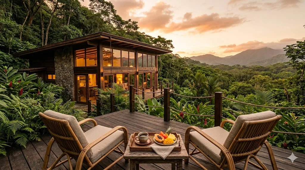 Luxury eco-lodge with wooden terrace and rattan chairs, set into tropical rainforest at sunset