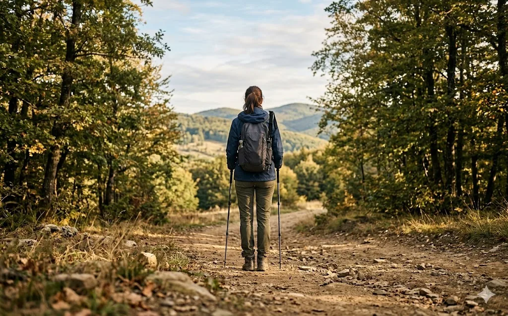Wanderer mit Rucksack auf herbstlichem Waldweg beim Wandern im Freien