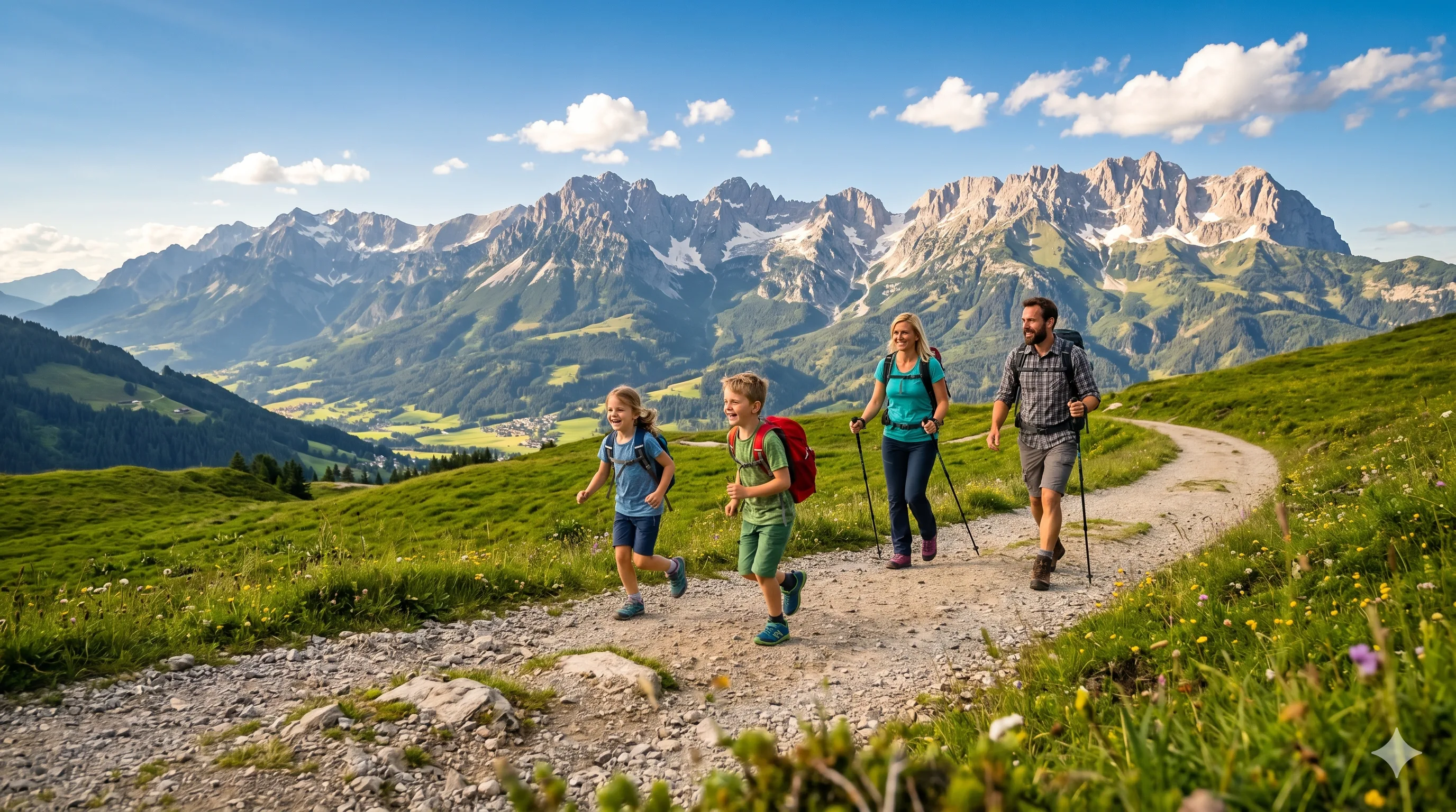 Family with two children hiking on an alpine trail in Tyrol with green mountain meadows and dramatic rocky peaks in the background