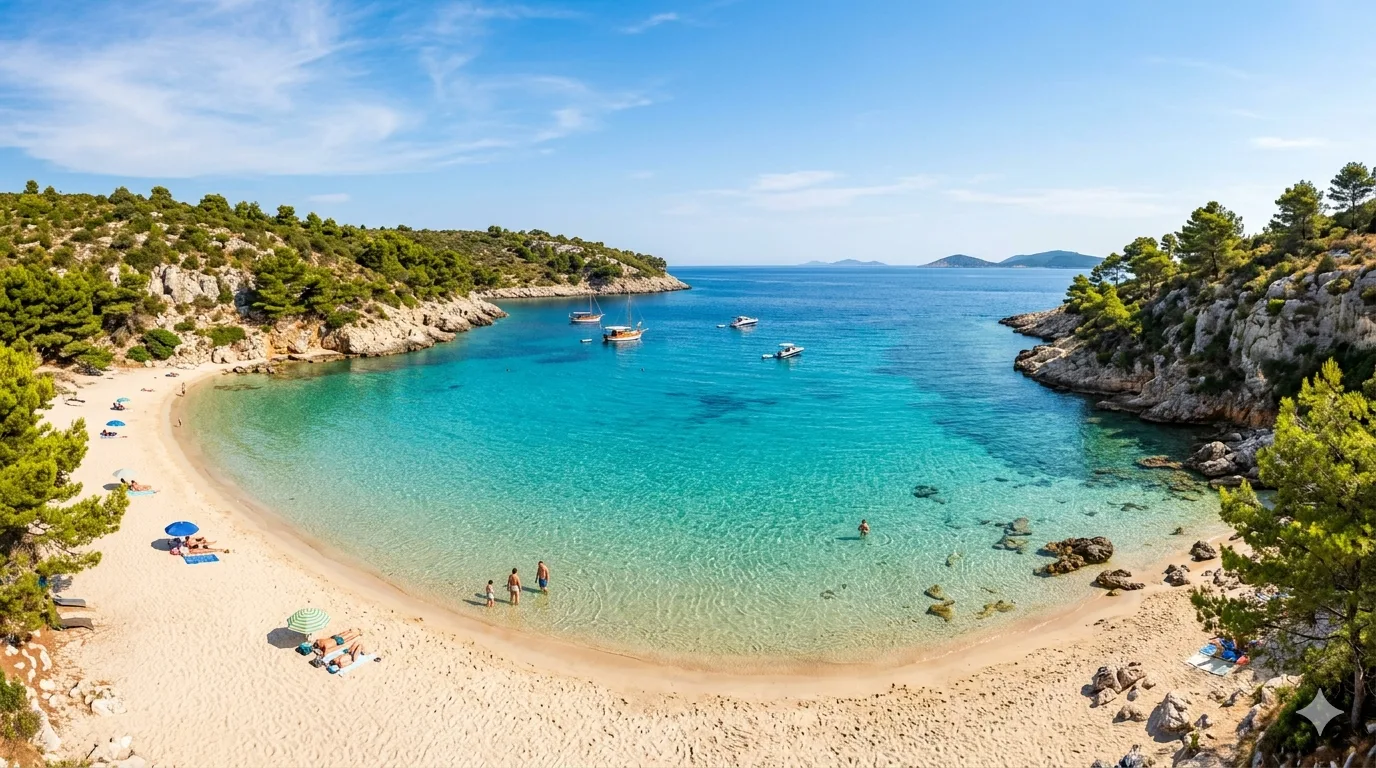 Türkisfarbene Mittelmeerbucht mit feinem Sandstrand, von Pinien bewachsenen Hügeln umgeben, Badegäste im flachen, klaren Wasser