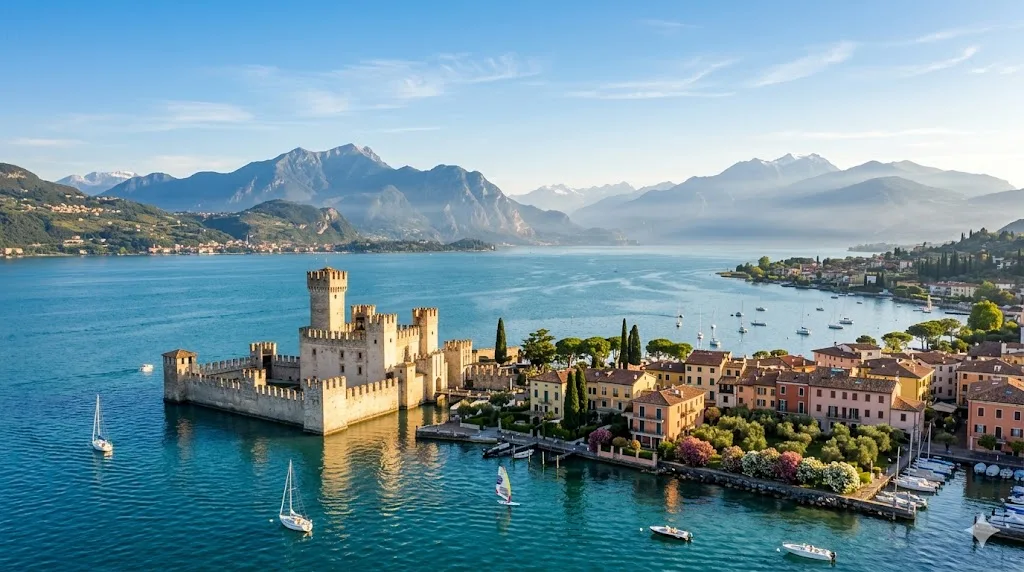 Aerial view of Lake Garda with Scaliger Castle in Sirmione, sailing boats and snow-capped Alps