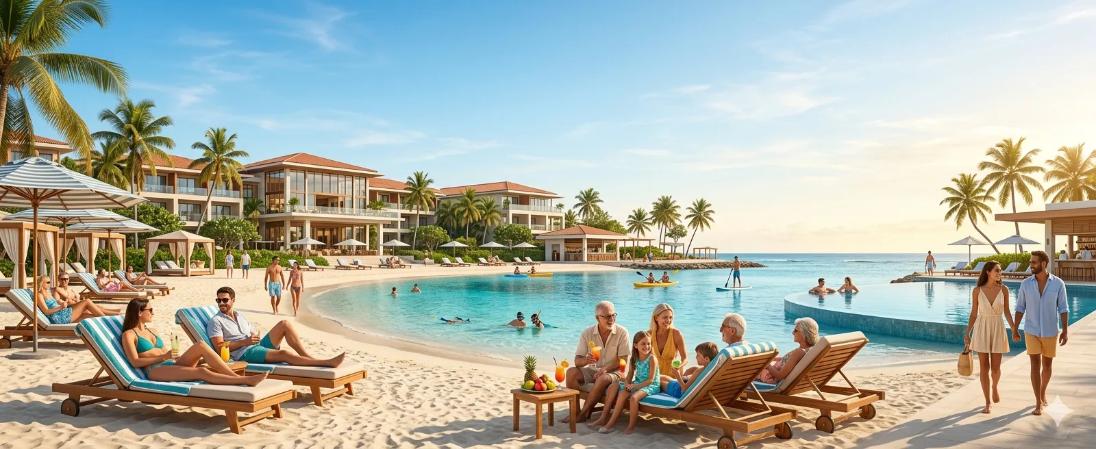Families relaxing at a tropical all-inclusive resort pool with palm trees and sandy beach