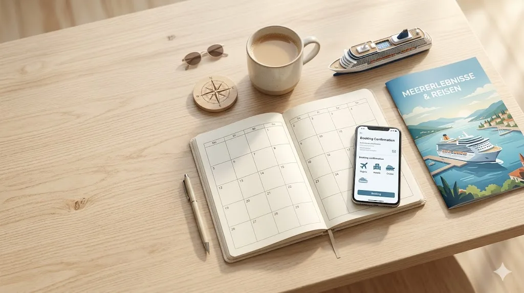 Reiseplanung für eine Kreuzfahrt: aufgeschlagenes Notizbuch mit Kalender, Smartphone mit Buchungs-App, Kreuzfahrt-Broschüre, Kompass und Kaffeetasse auf einem Holztisch