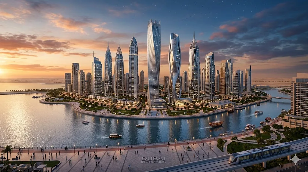 Dubai Marina Skyline bei Sonnenuntergang – moderne Wolkenkratzer spiegeln sich im Wasser