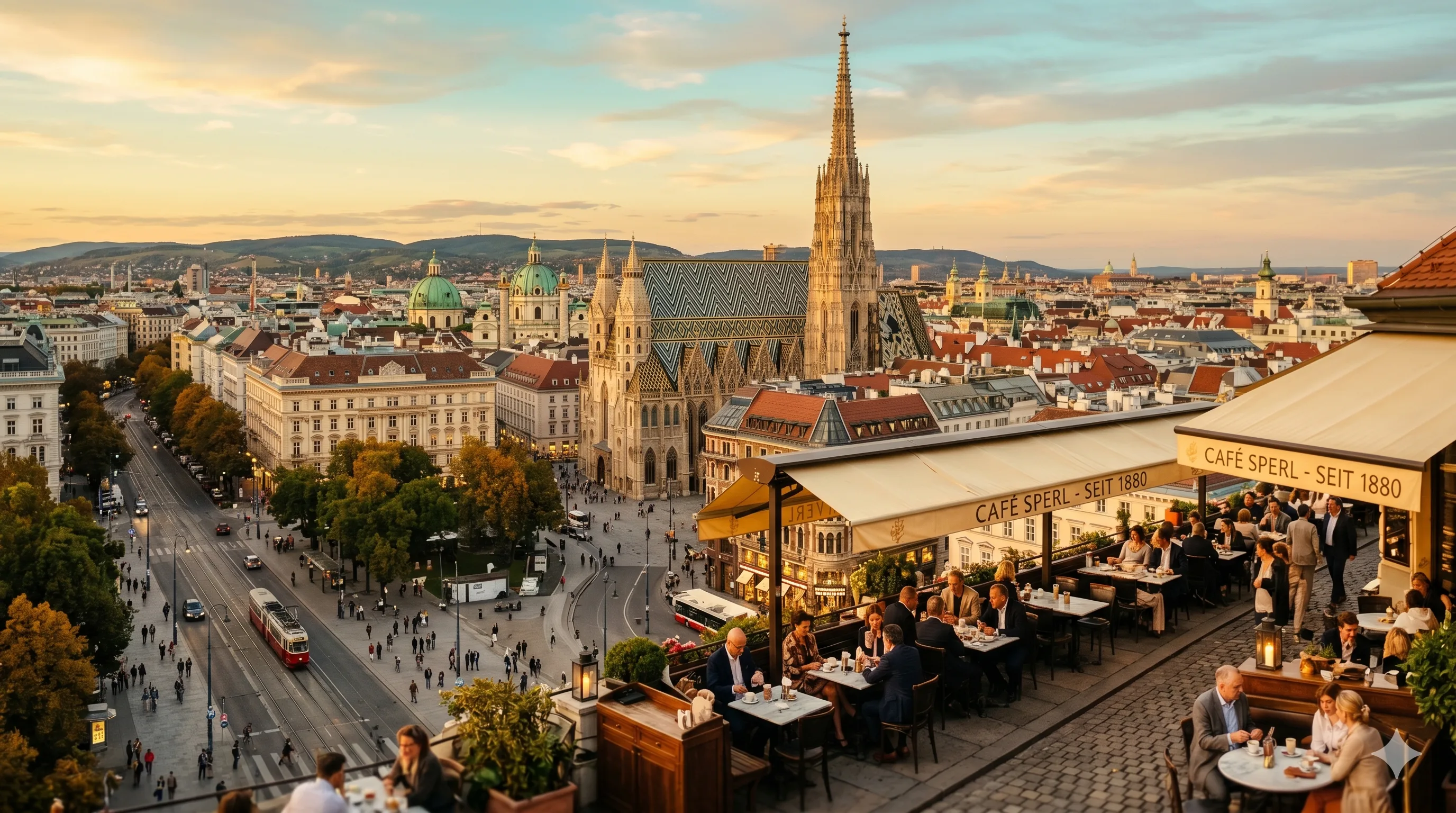Rooftop café terrace overlooking Vienna's historic city centre with St. Stephen's Cathedral at dusk