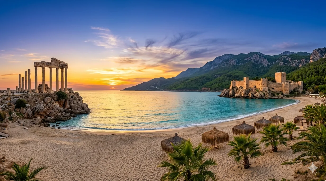 Türkische Riviera bei Sonnenuntergang: antike Säulen des Apollo-Tempels in Side, türkisfarbenes Meer, Alanya-Burg auf dem Felsen und Taurusgebirge im Hintergrund