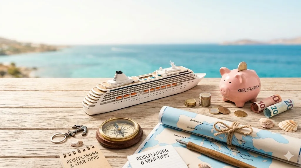 Kreuzfahrt-Sparsymbole auf einem Meeresdock: Sparschwein mit Münzen, Kreuzfahrtschiff-Modell, Kompass, Seekarte und Mittelmeerküste im Hintergrund