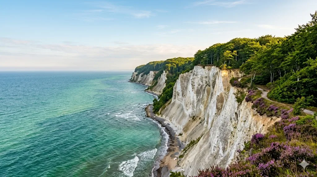 White chalk cliffs of Rügen rising above the turquoise Baltic Sea, topped with dense beech forest and blooming purple heather